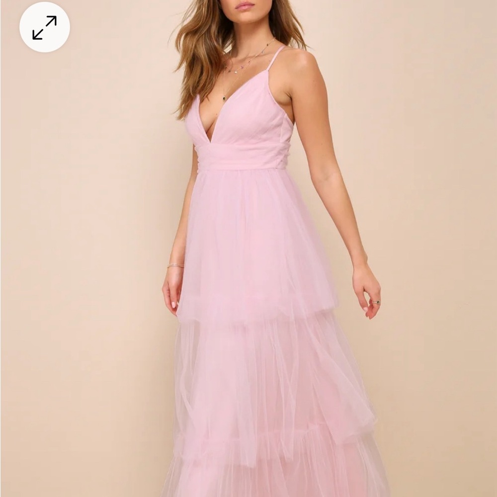 Lulus charming glamour light pink tulle sleeveless tiered maxi dress small